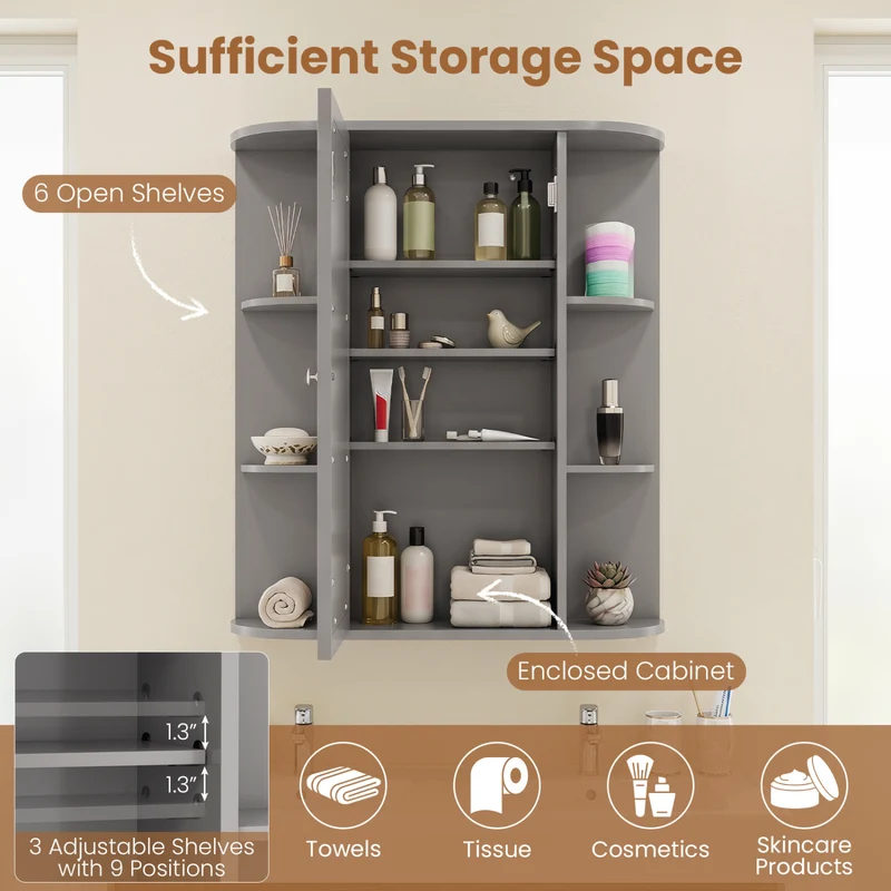 Single Door Wall Mount Cabinet With Mirror, Gray