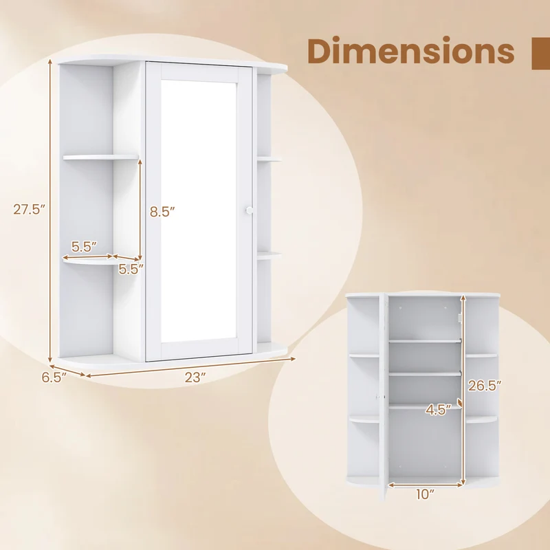 Wall Mount Bathroom Cabinet, Single Door Shelves, White