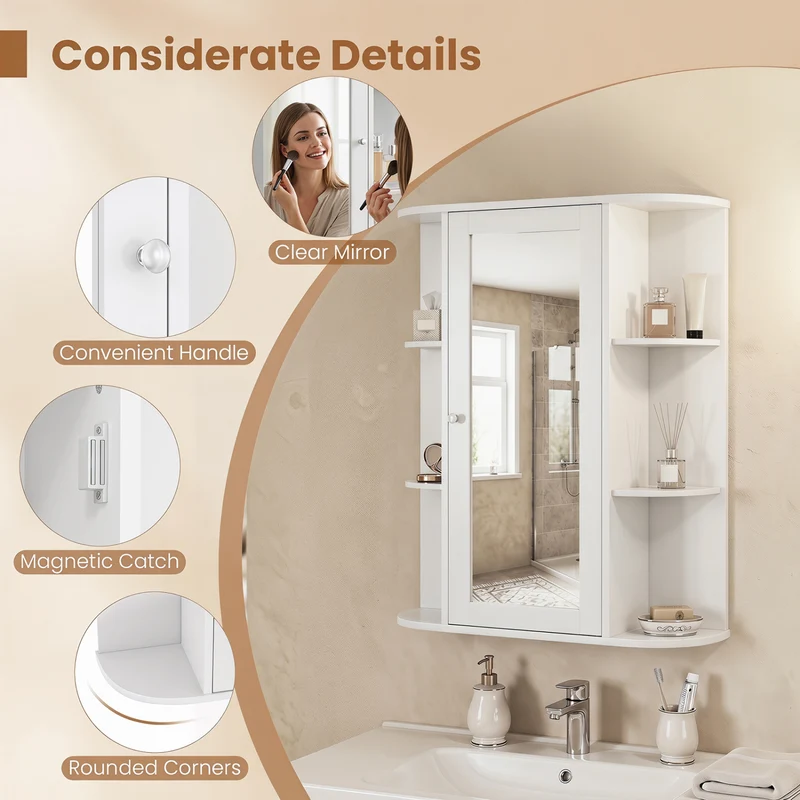 Wall Mount Bathroom Cabinet, Single Door Shelves, White