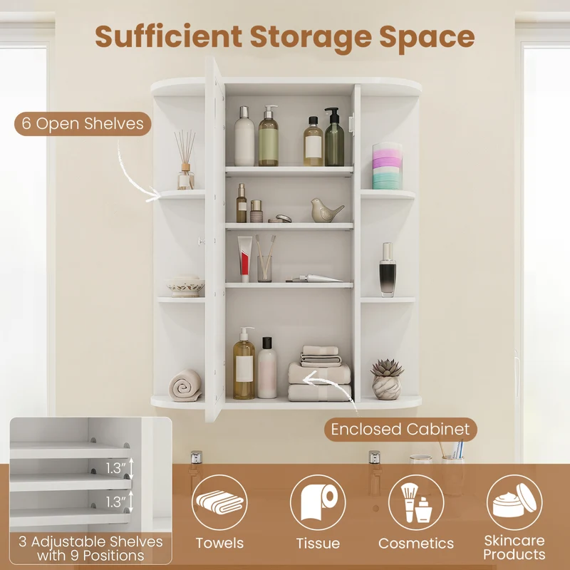 Wall Mount Bathroom Cabinet, Single Door Shelves, White