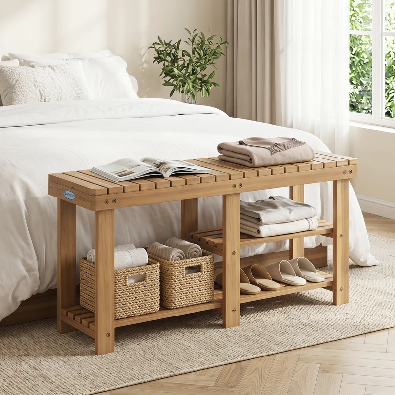 3-Tier Solid Wood Shoe Rack Bench With Slatted Shelves
