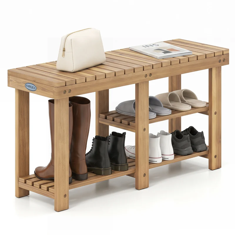 3-Tier Solid Wood Shoe Rack Bench With Slatted Shelves