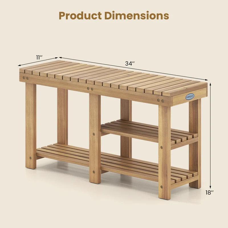 3-Tier Solid Wood Shoe Rack Bench With Slatted Shelves