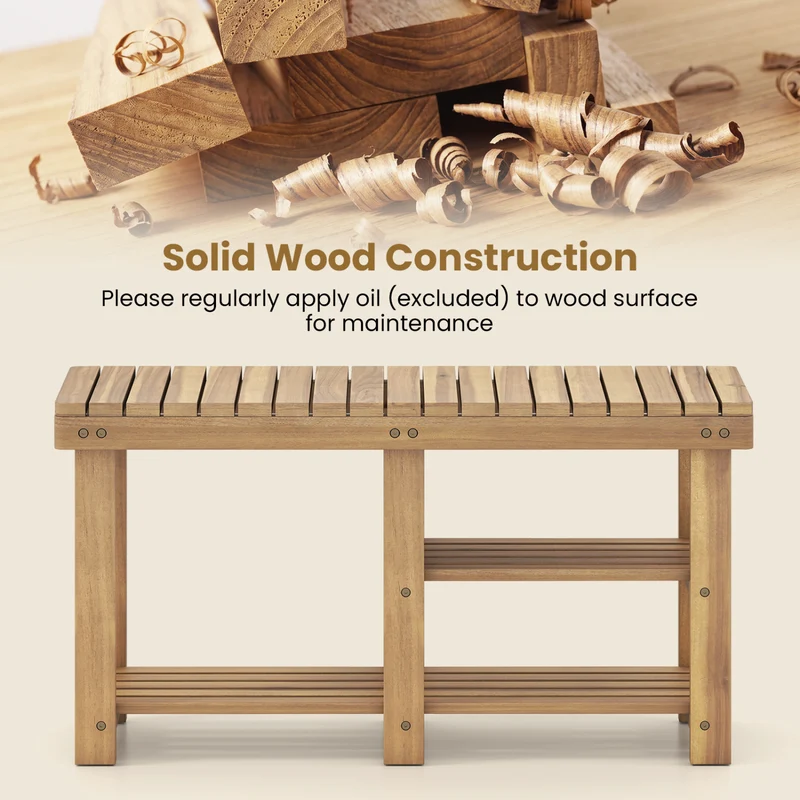 3-Tier Solid Wood Shoe Rack Bench With Slatted Shelves