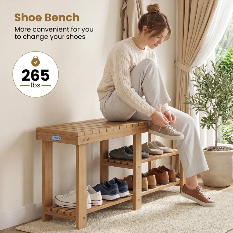 3-Tier Solid Wood Shoe Rack Bench With Slatted Shelves