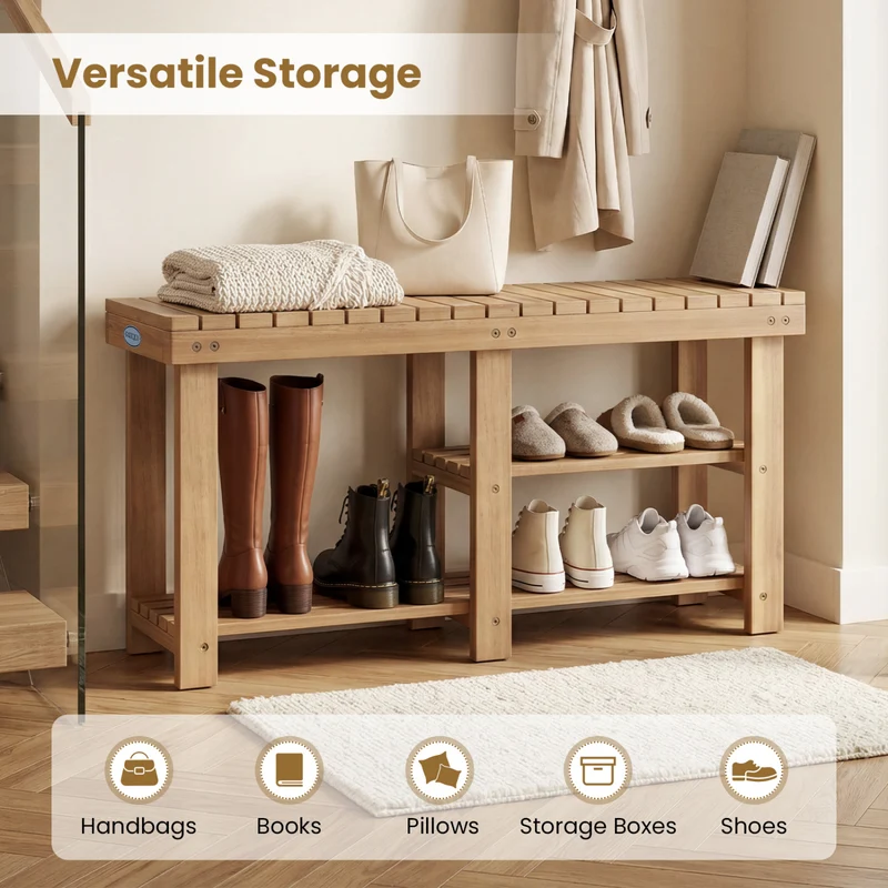 3-Tier Solid Wood Shoe Rack Bench With Slatted Shelves
