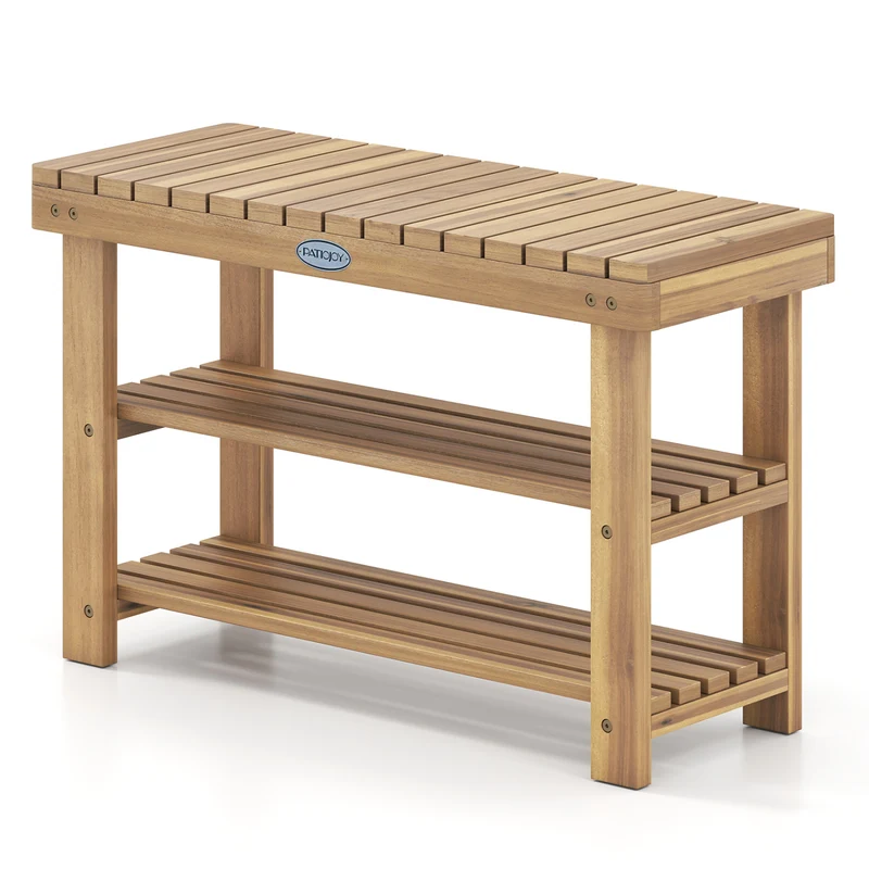 3-Tier Solid Wood Shoe Rack Bench With Slatted Shelves, M