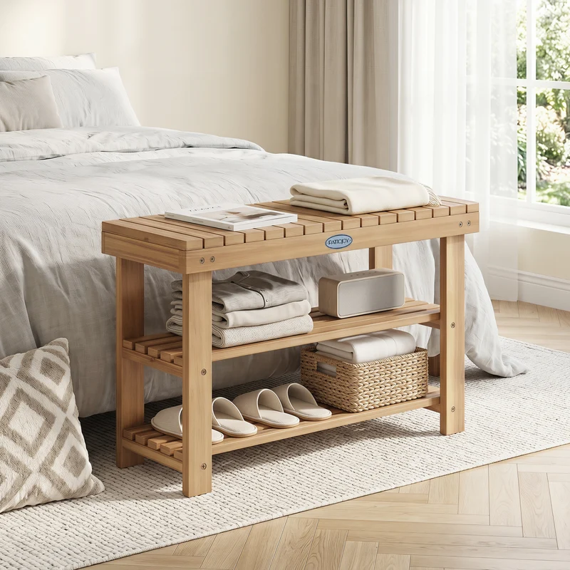 3-Tier Solid Wood Shoe Rack Bench With Slatted Shelves, M