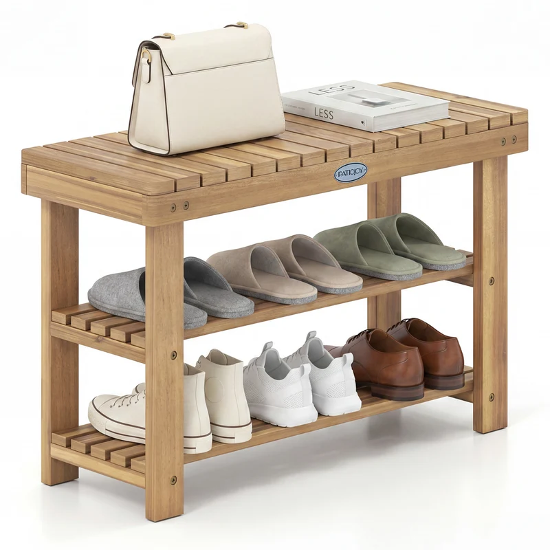 3-Tier Solid Wood Shoe Rack Bench With Slatted Shelves, M