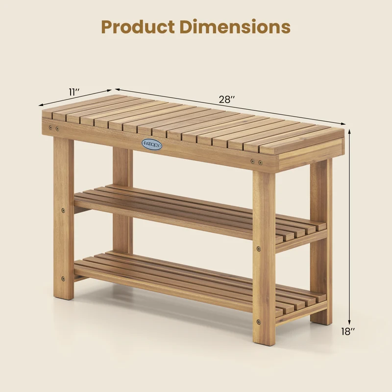 3-Tier Solid Wood Shoe Rack Bench With Slatted Shelves, M