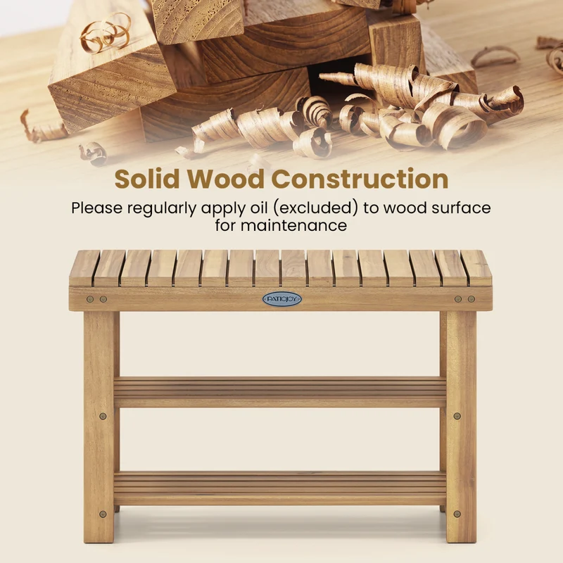 3-Tier Solid Wood Shoe Rack Bench With Slatted Shelves, M