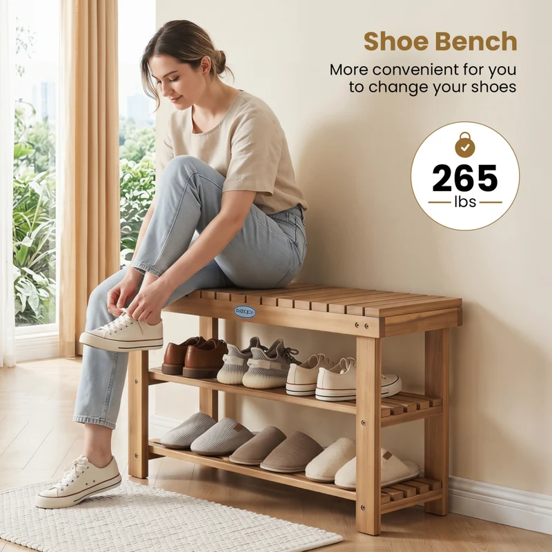 3-Tier Solid Wood Shoe Rack Bench With Slatted Shelves, M