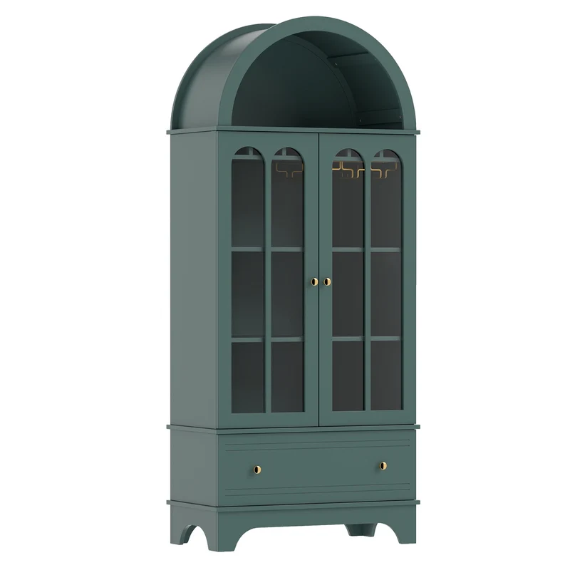 71.5 In Arched Cabinet, 5-Tier, Tempered Glass Doors, Wine Rack, Green