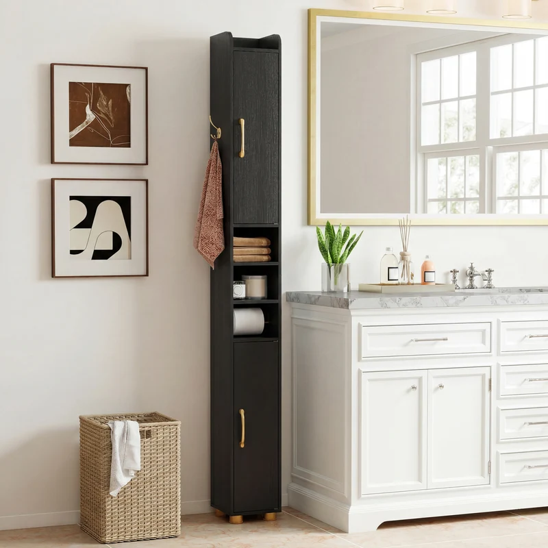 Narrow Bathroom Storage Cabinet, Open Shelves, Toilet Paper Holder, Black