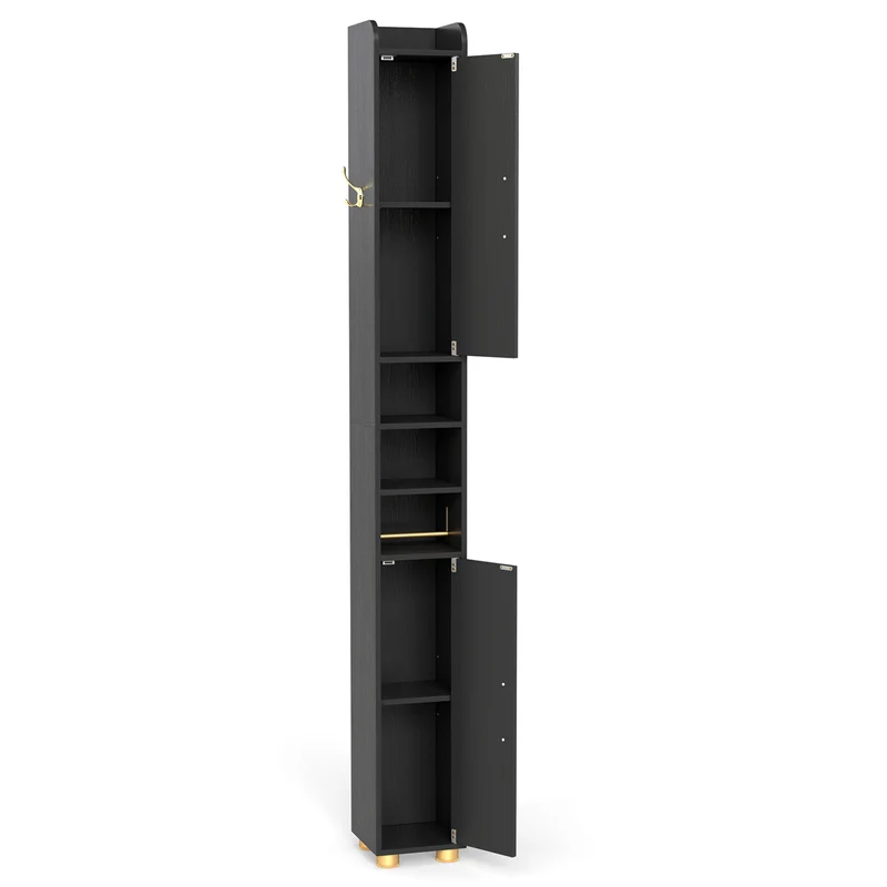 Narrow Bathroom Storage Cabinet, Open Shelves, Toilet Paper Holder, Black
