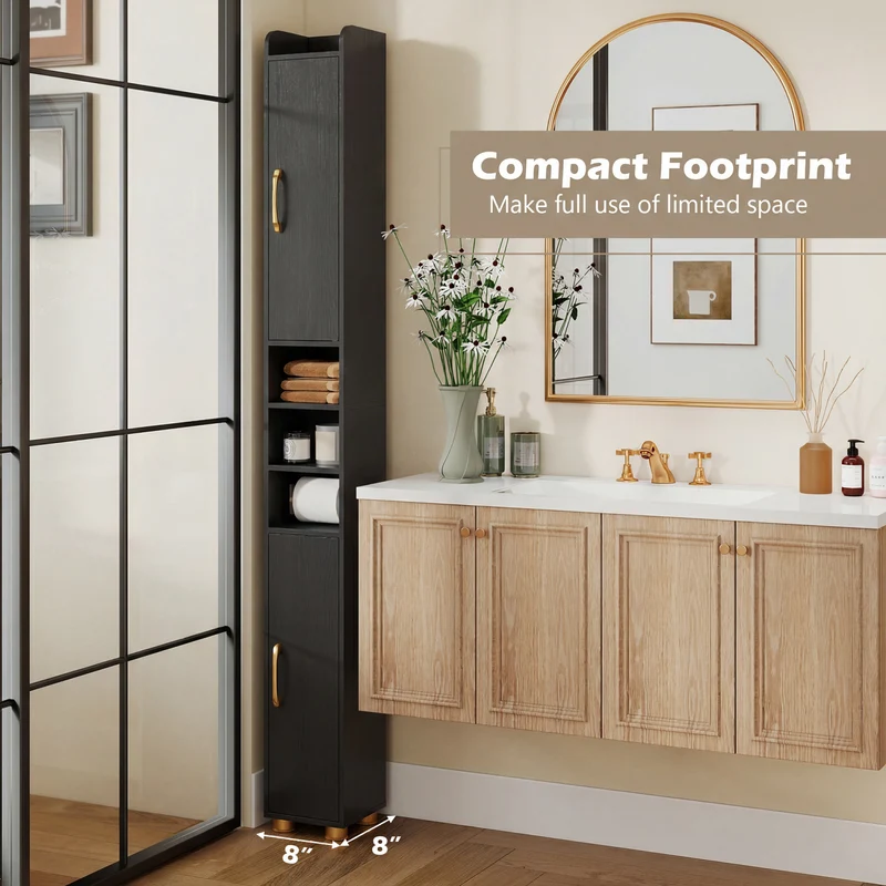 Narrow Bathroom Storage Cabinet, Open Shelves, Toilet Paper Holder, Black