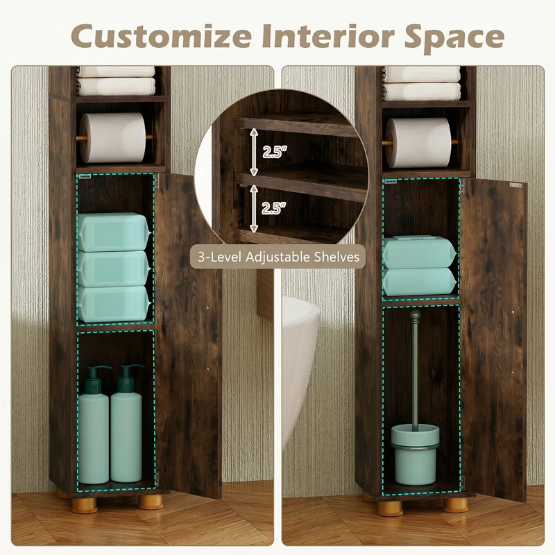 Narrow Bathroom Storage Cabinet, Open Shelves, Toilet Paper Holder