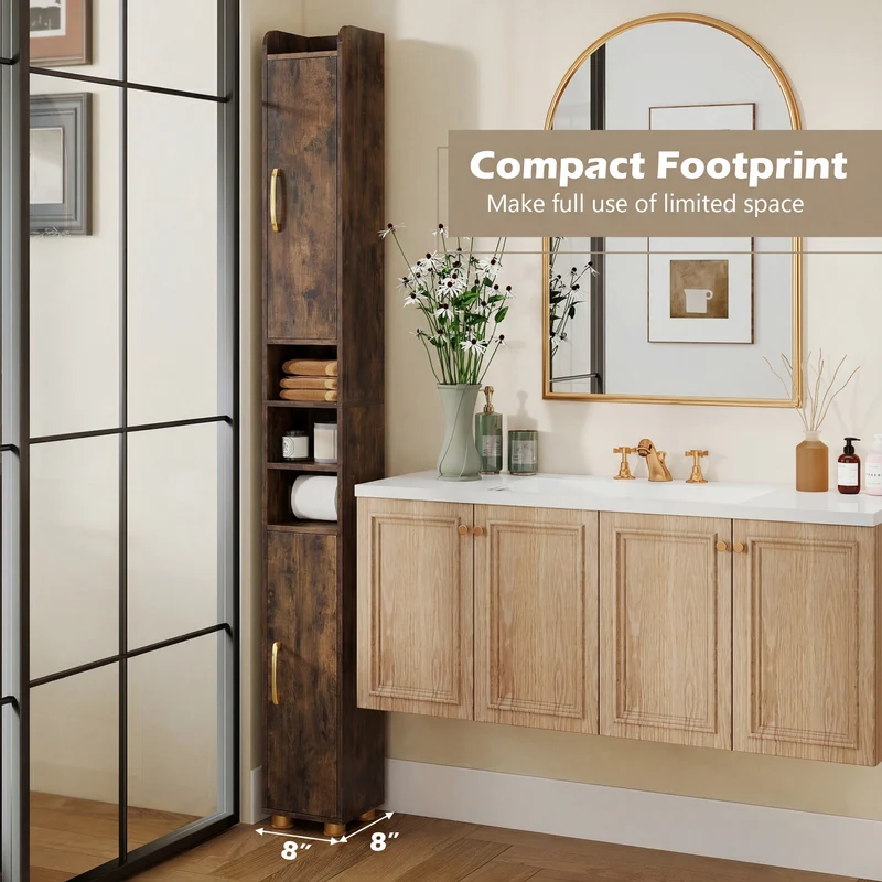 Narrow Bathroom Storage Cabinet, Open Shelves, Toilet Paper Holder