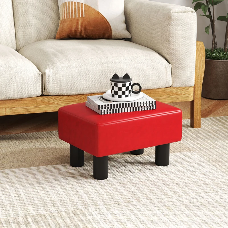 Small Rectangular Seat Ottoman Footstool, PU Leather, Red