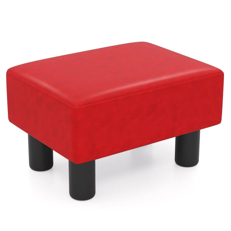 Small Rectangular Seat Ottoman Footstool, PU Leather, Red