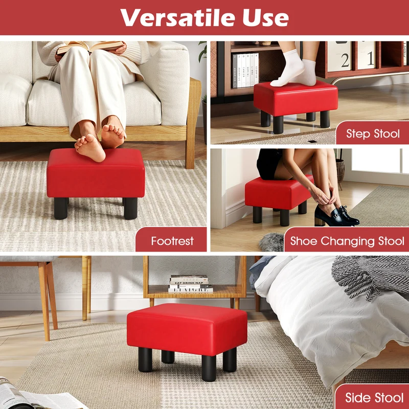 Small Rectangular Seat Ottoman Footstool, PU Leather, Red
