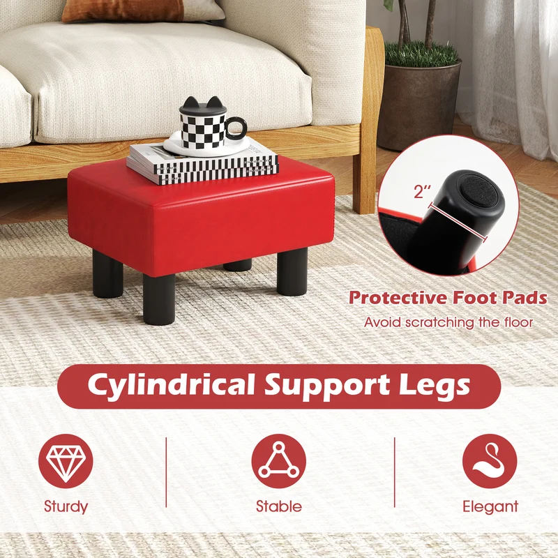 Small Rectangular Seat Ottoman Footstool, PU Leather, Red