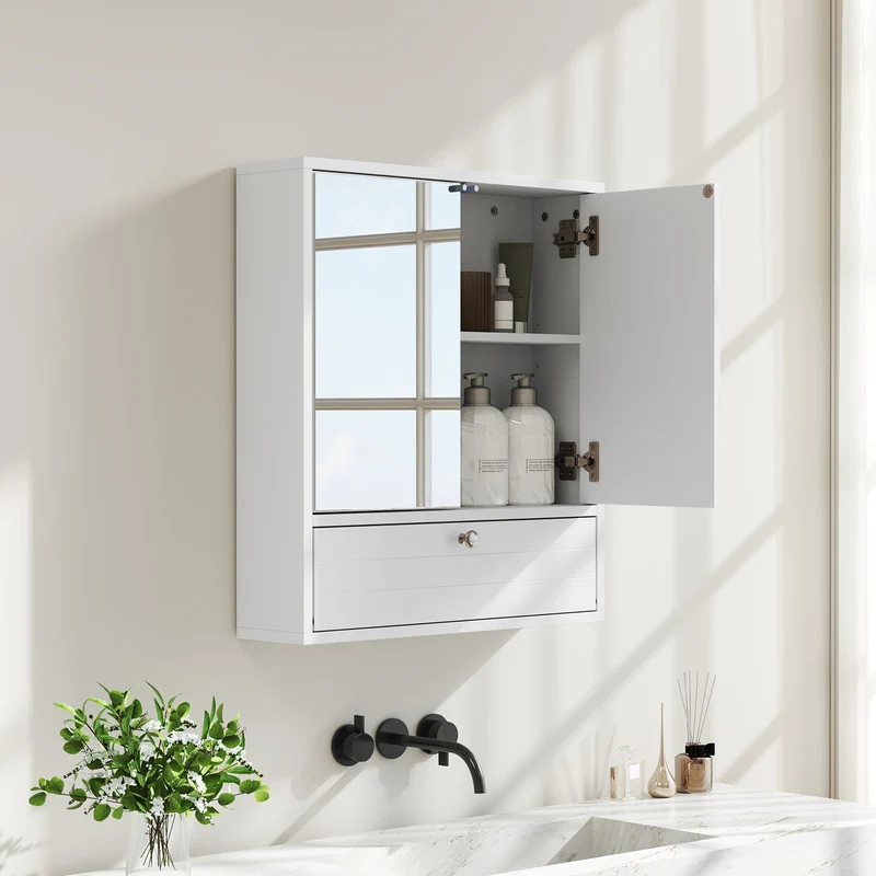 Double Mirror Door Wall Mount Storage Cabinet, White