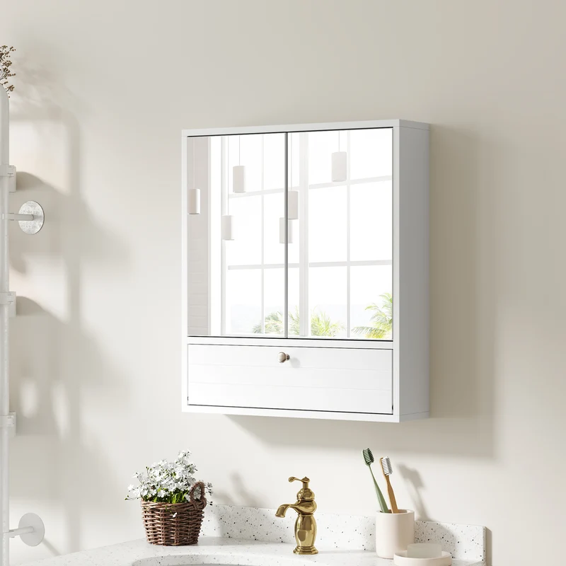 Double Mirror Door Wall Mount Storage Cabinet, White