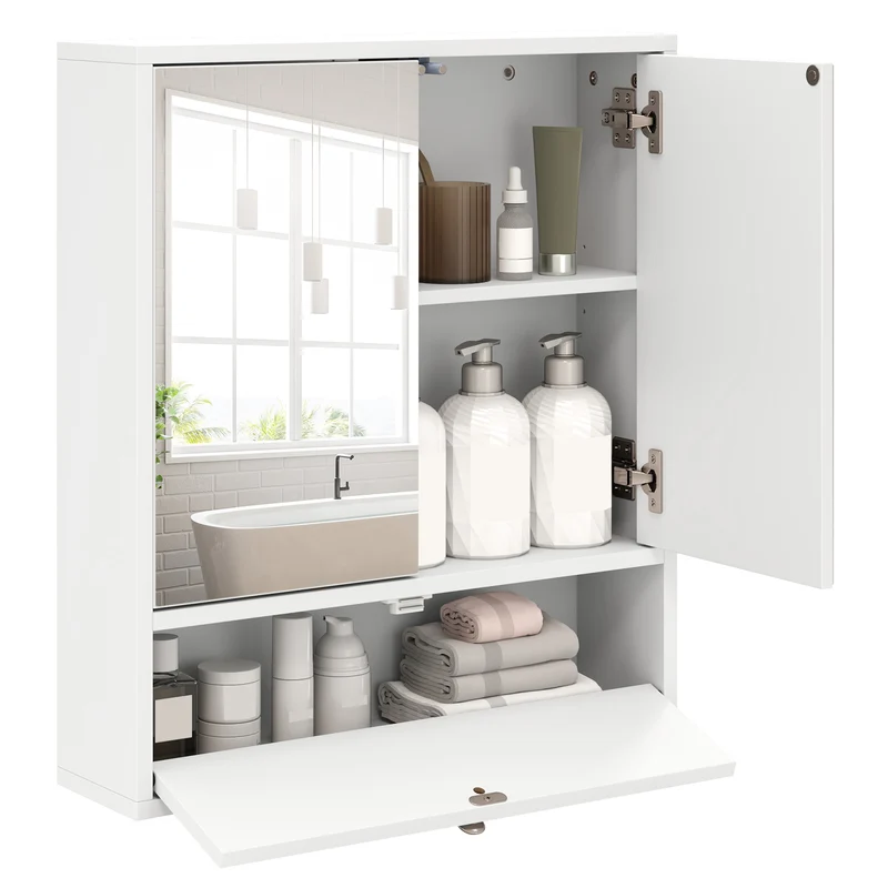 Double Mirror Door Wall Mount Storage Cabinet, White