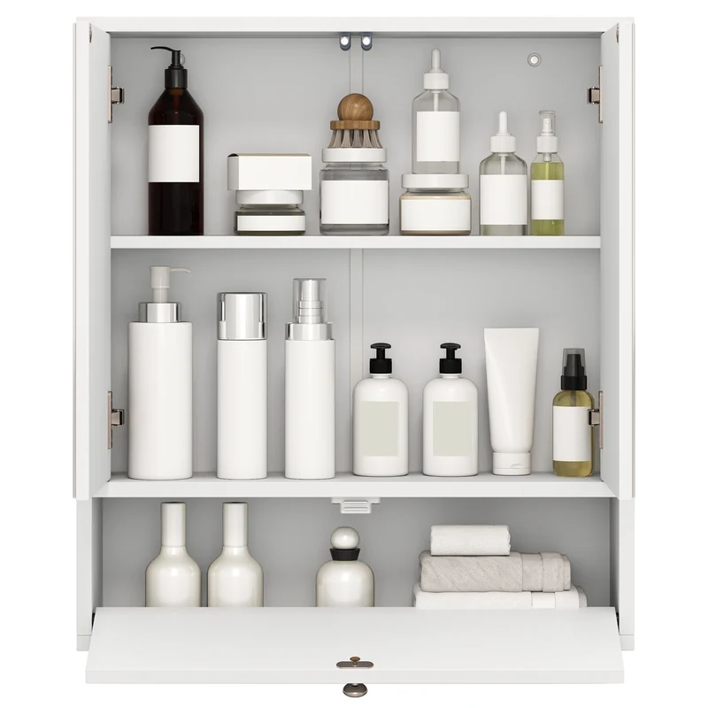 Double Mirror Door Wall Mount Storage Cabinet, White
