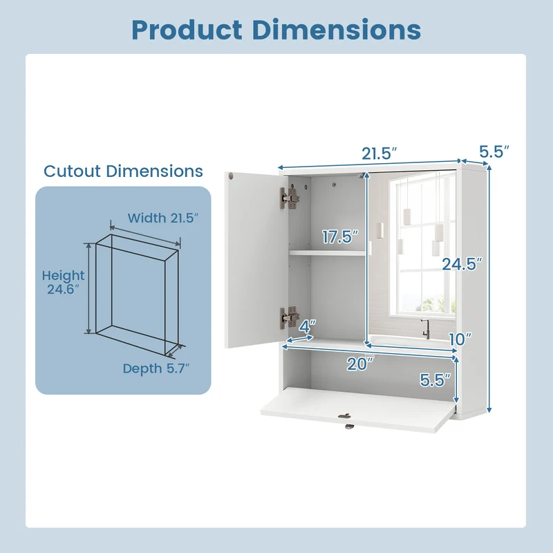 Double Mirror Door Wall Mount Storage Cabinet, White