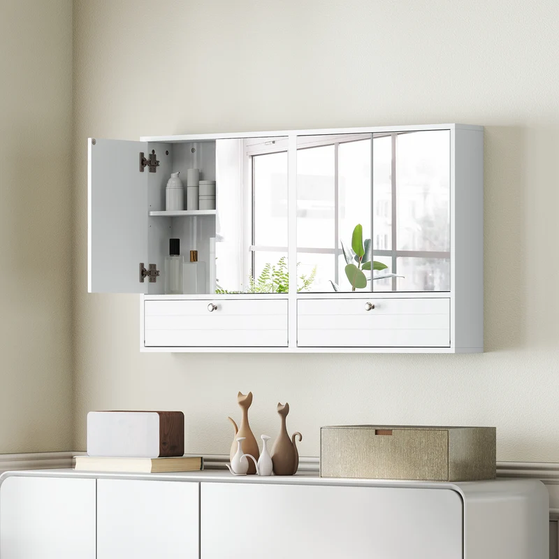 Double Mirror Door Wall Mount Storage Cabinet, White