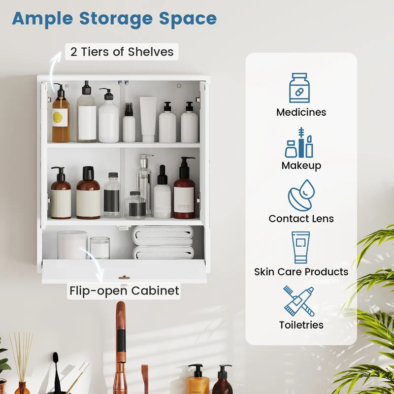 Double Mirror Door Wall Mount Storage Cabinet, White