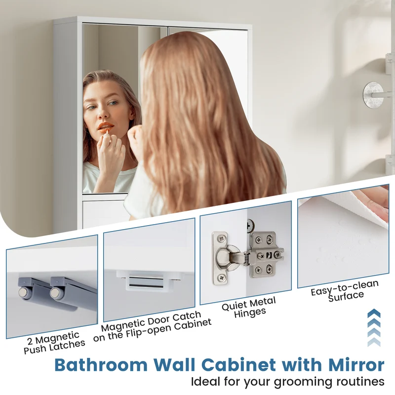 Double Mirror Door Wall Mount Storage Cabinet, White