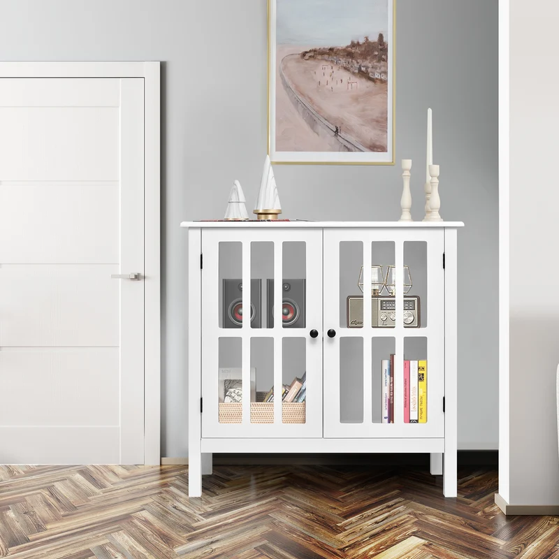 Glass Door Sideboard Console Storage Buffet Cabinet, White