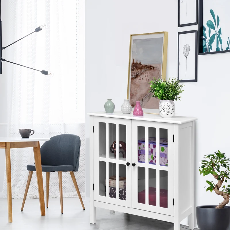 Glass Door Sideboard Console Storage Buffet Cabinet, White
