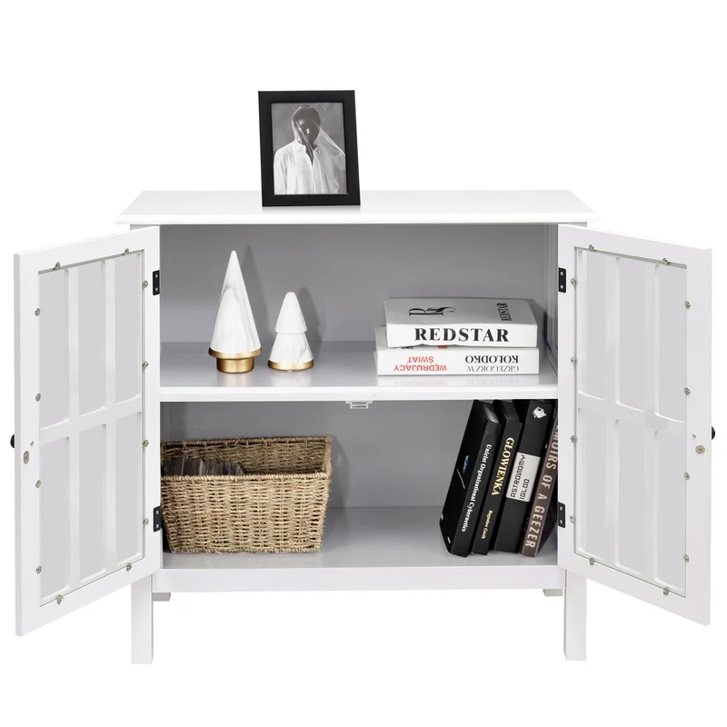 Glass Door Sideboard Console Storage Buffet Cabinet, White