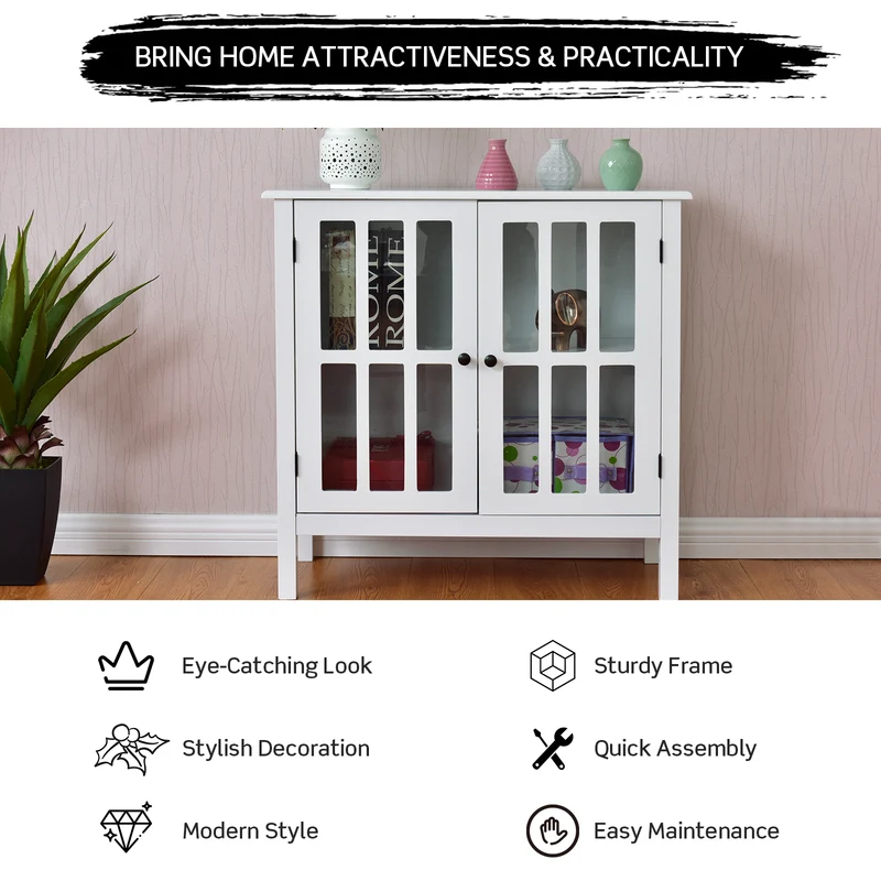 Glass Door Sideboard Console Storage Buffet Cabinet, White