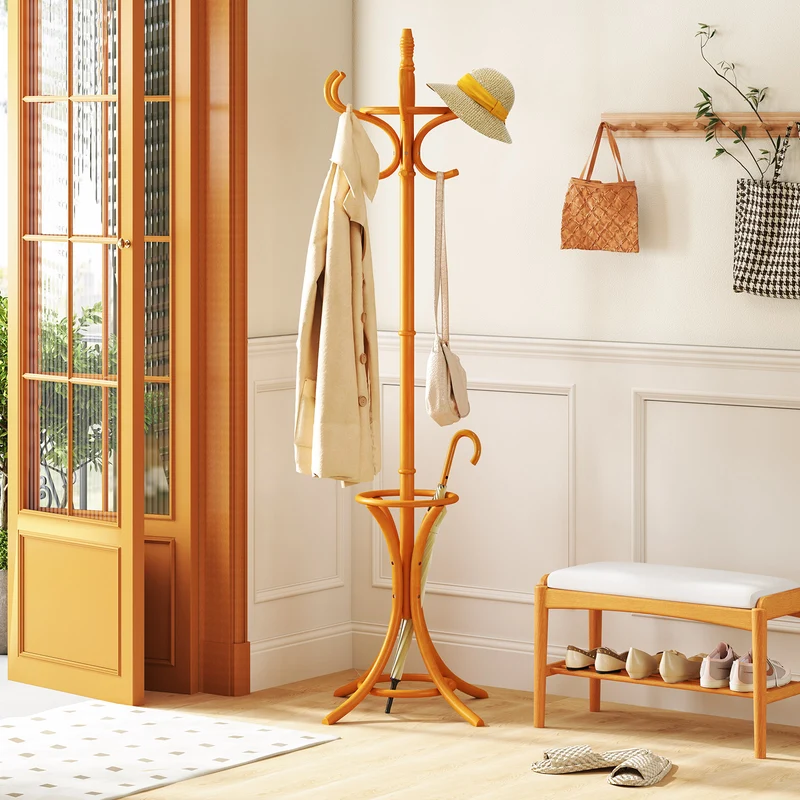 Wood Standing Hat Coat Rack With Umbrella Stand, Natural