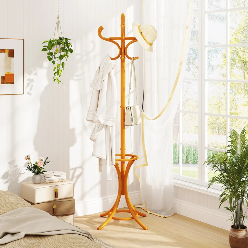 Wood Standing Hat Coat Rack With Umbrella Stand, Natural