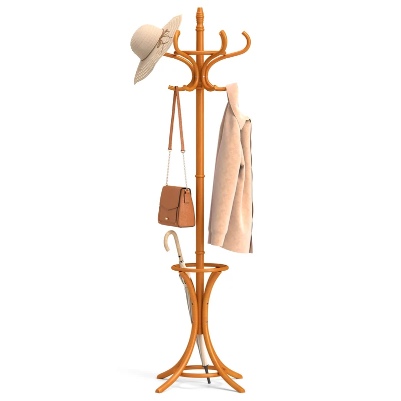 Wood Standing Hat Coat Rack With Umbrella Stand, Natural