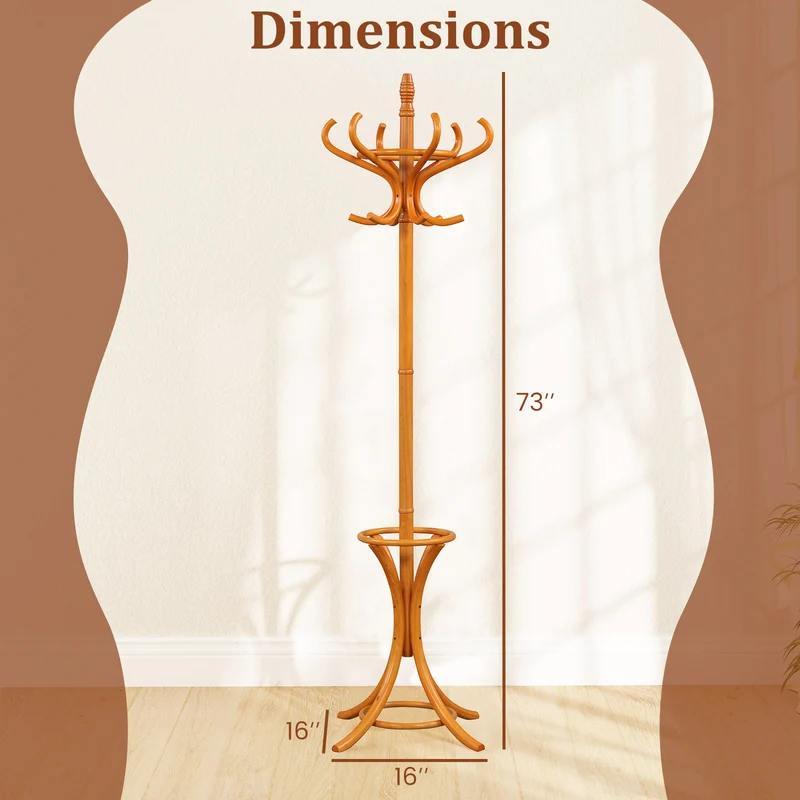 Wood Standing Hat Coat Rack With Umbrella Stand, Natural