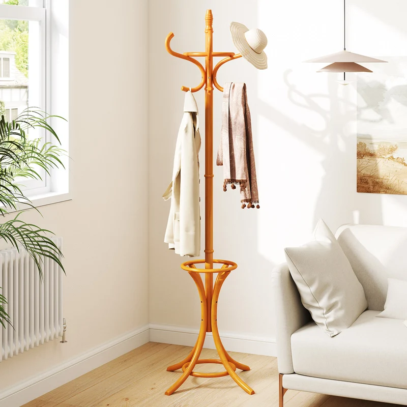 Wood Standing Hat Coat Rack With Umbrella Stand, Natural