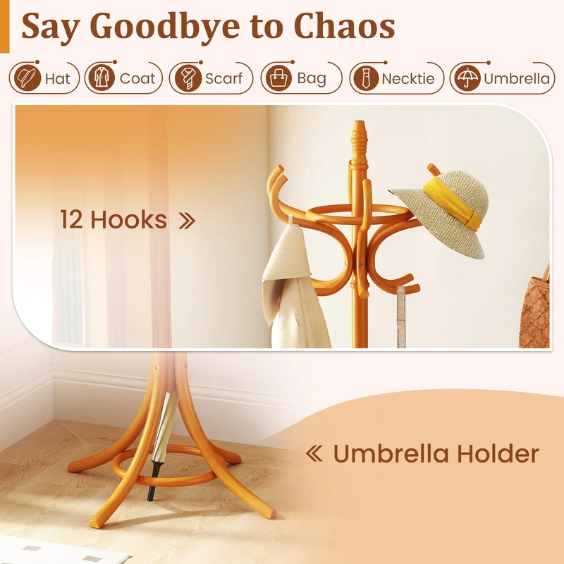 Wood Standing Hat Coat Rack With Umbrella Stand, Natural