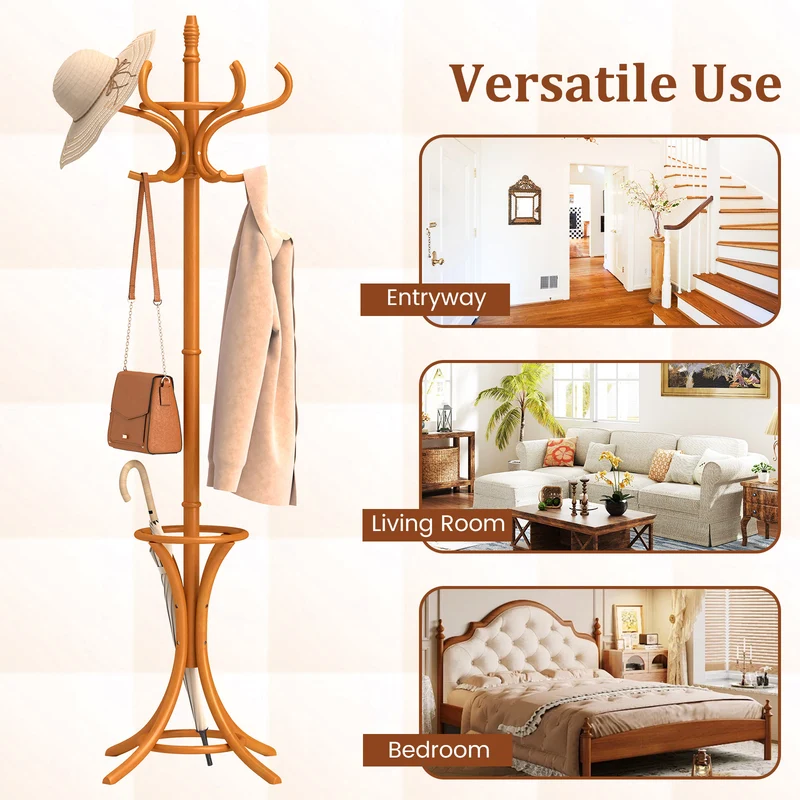 Wood Standing Hat Coat Rack With Umbrella Stand, Natural