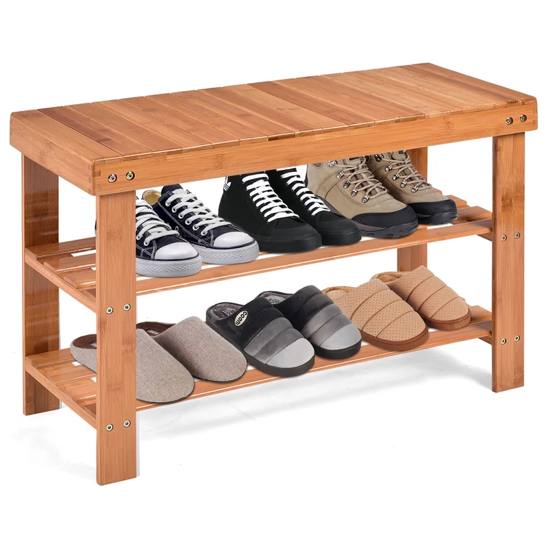 3 Tier Bamboo Bench Storage Shoe Shelf, Natural
