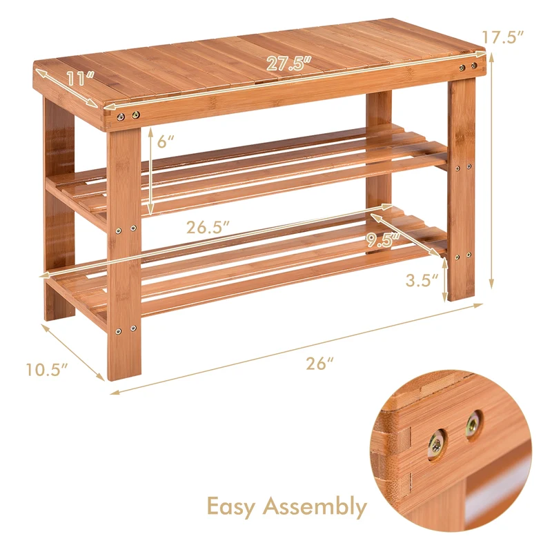 3 Tier Bamboo Bench Storage Shoe Shelf, Natural