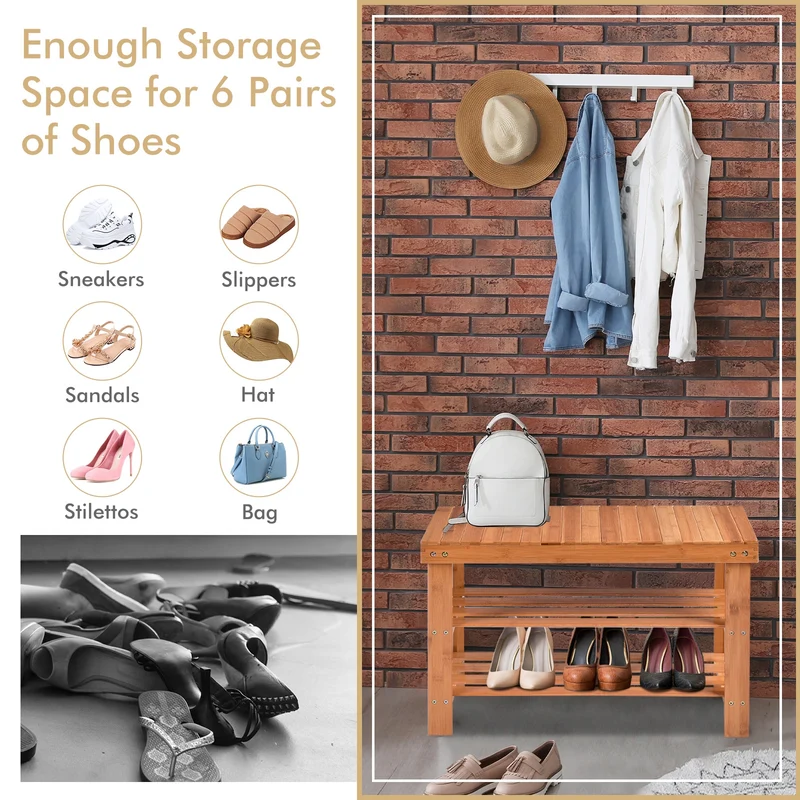 3 Tier Bamboo Bench Storage Shoe Shelf, Natural
