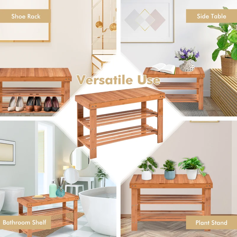 3 Tier Bamboo Bench Storage Shoe Shelf, Natural
