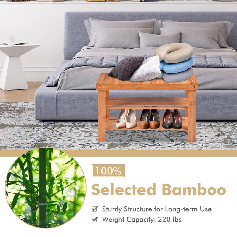 3 Tier Bamboo Bench Storage Shoe Shelf, Natural